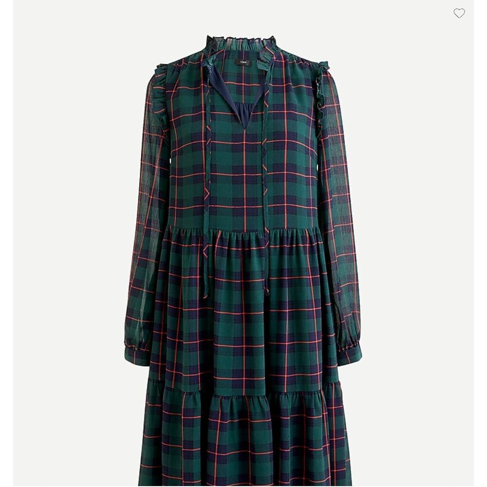 $168 J.Crew Tie-neck tiered dress in Black Watch tartan-AT593-XS
